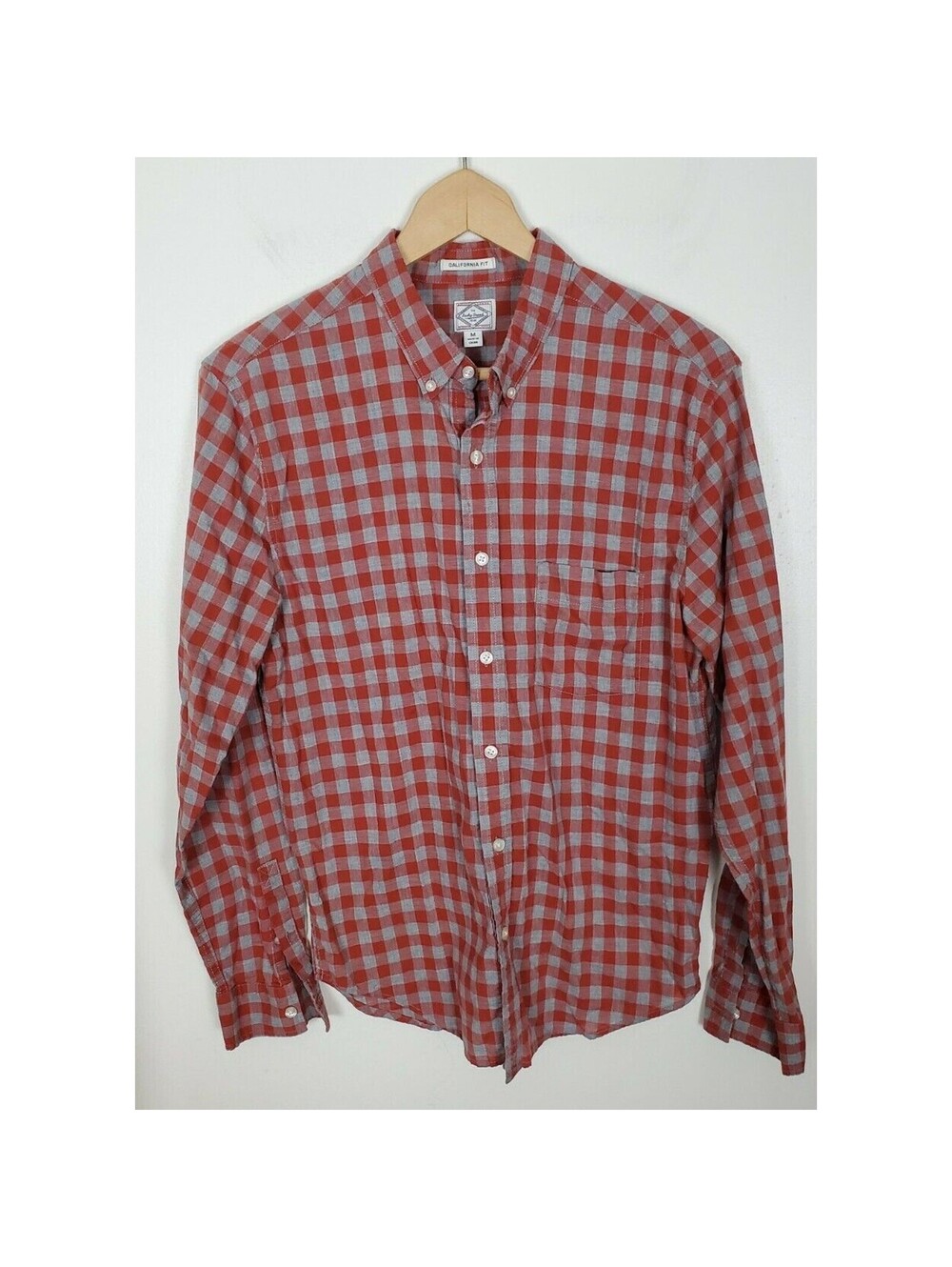 Lucky Brand California Fit Men's Medium M Red Grey Plaid Gingham Checkered